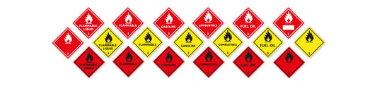 Various red and yellow diamond-shaped hazard signs indicating flammable liquids, gasoline, and fuel oil